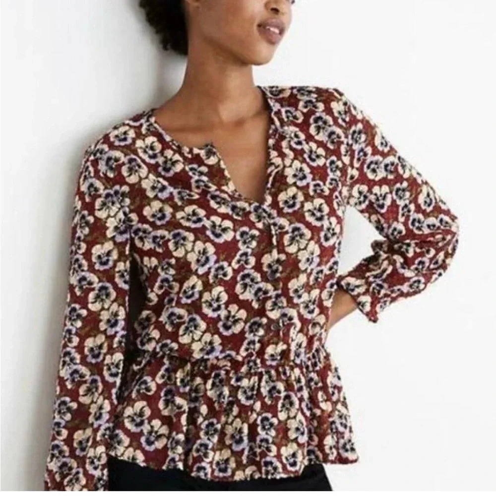 Madewell Viola floral pansy drawstring ruffled peplum top